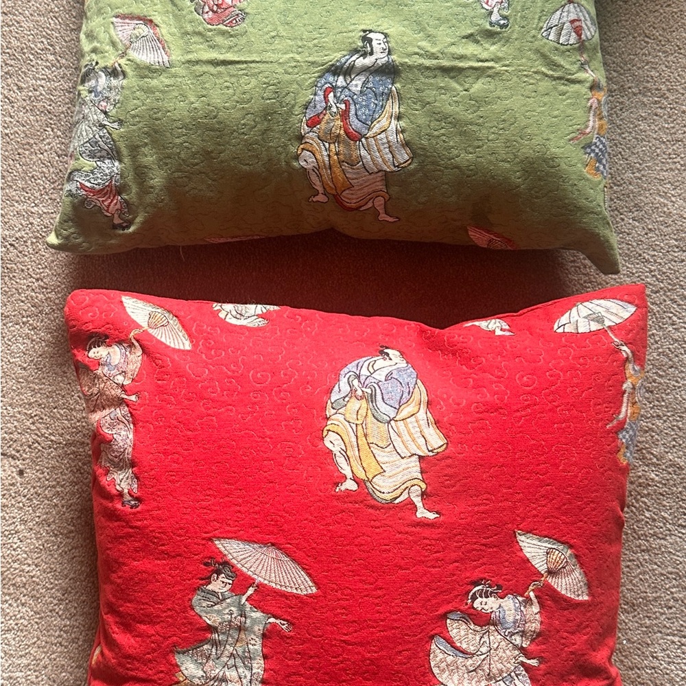 Embroidered Asian Motif Pillow Covers in Red & Green